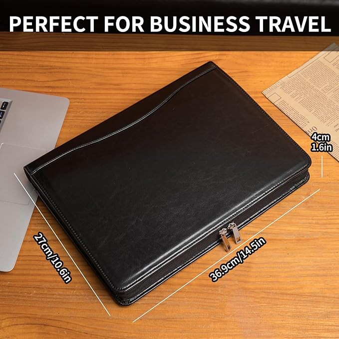 Geslun Personalized Vegan Leather Portfolio, Legal Size 8.5 x 14 Pad Holder, Custom Business Padfolio for Men Women, Zippered 14" Laptop Organizer, Professional Notepad Folio, Black