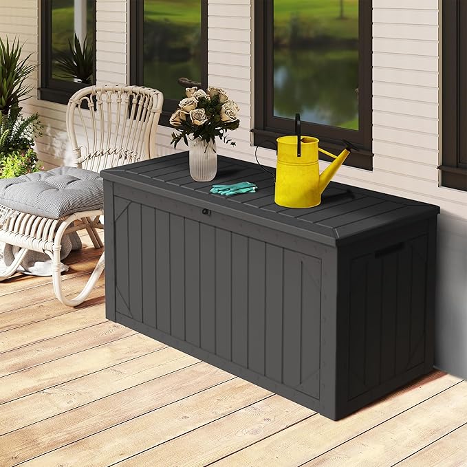 Decksplore 100 Gallon Outdoor Storage Box Waterproof, Lockable Resin Deck Box Patio Storage Bin for Pool Accessories Cushion Furniture, Garden Tools, UV-Resistant Outside Delivery, Black
