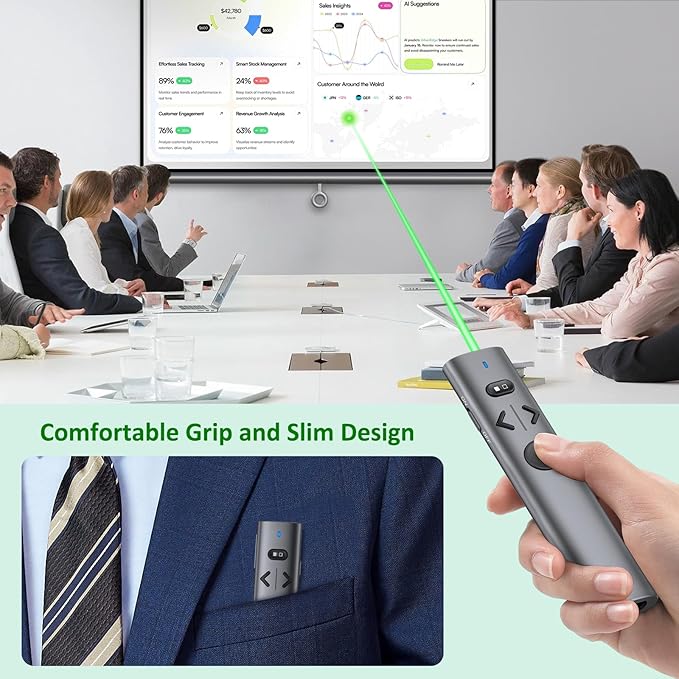 2 in 1 USB Type C Presentation Clicker with Green Pointer, Rechargeable Wireless Presenter for PowerPoint Presentation Pointer PPT Clicker, 2.4GHz Presenter Remote Slide Advancer for Computer MacBook