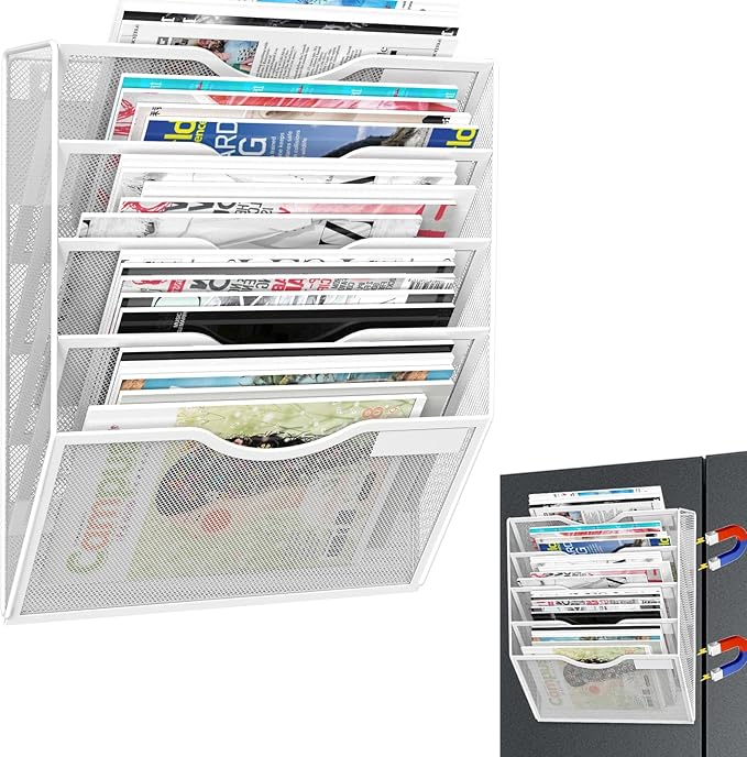 LQPAFZ 5-Tier Magnetic File Organizer, No Drilling Installation, White Magnetic Paper Holder, Magazine Rack for Refrigerator and File Cabinets