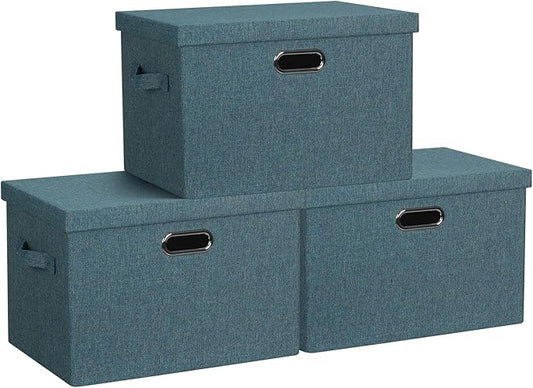 Graciadeco Large 17" 36 Quart Collapsible Stackable Storage Bins with Lids, 3 Packs Blue-Green Linen Fabric Closet Boxes with Lids, Storage Cube Baskets Container Organizers for Bedroom (17x12x11)