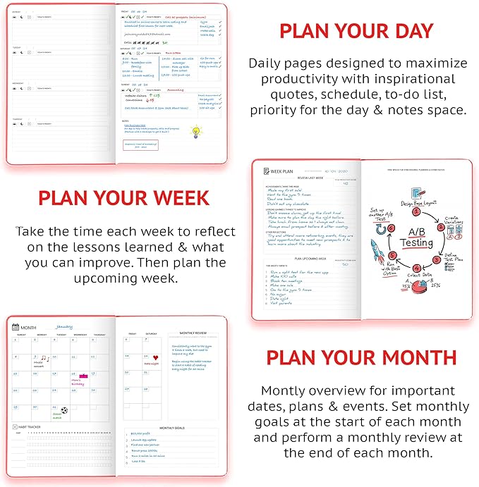 Wyze Planner Undated Daily Planner – 1-Year B5 Productivity Organizer with Two-Page Weekly Spread, Goal Setting, Habit Tracker, Weekly & Monthly Pages – Hardcover Time Management Notebook (Red)