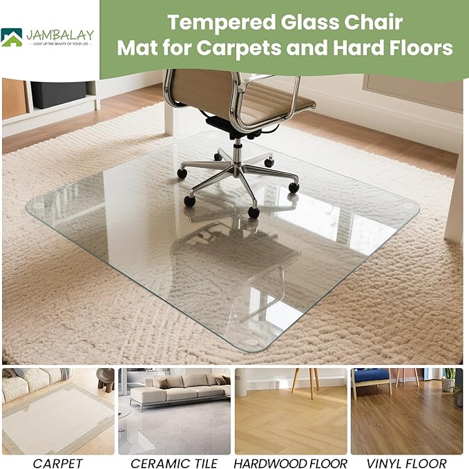 JAMBALAY 46″×36″ Tempered Glass Floor Mat, Heavy Duty Glass Office Chair Mat for Carpets or Hard Floors, Carpet Floor Mats with 12 Non Slip Pads for Easy Roll On, Thick 1/5″