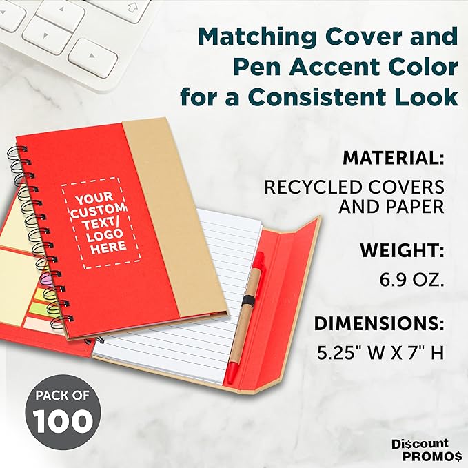DISCOUNT PROMOS Custom Eco Friendly Spiral Notebooks with Pens Set of 100, Personalized Bulk Pack - Perfect for School, Office, Home - Red