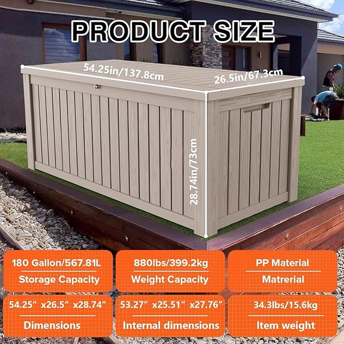 Yardgrace 180 Gallon Outdoor Storage Deck Box - Large Waterproof Resin Bin for Delivery Boxes Outside, Lockable Storage for Patio/Pool Cushions & Tools, UV-Resistant, Granite Grey