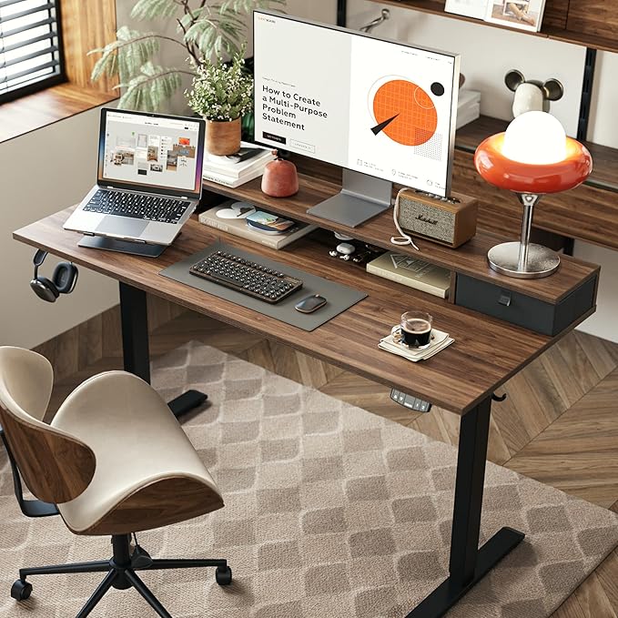Agilestic 48 x 24 Inches Electric Standing Desk with 2 Storage Drawers, Adjustable Height Sit and Stand Computer Table with Splice Board, Dark Walnut