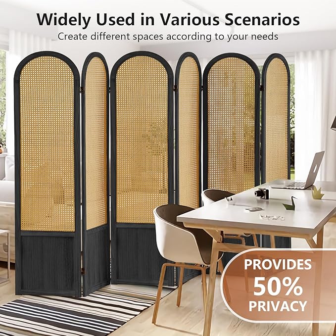Asnefeli Room Divider 4 Panels, Folding Privacy Screen, Foldable Wood Rattan Room Divider Panel, Portable Partition Screen, Wall Divider for Room Separation Bedroom Home Office Garden Terrace (Black)