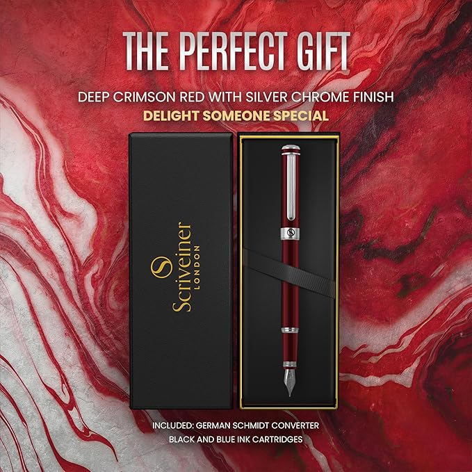 Scriveiner Deep Crimson Red Fountain Pen - Stunning Luxury Pen with Chrome Finish, Schmidt Nib (Medium), Best Pen Gift Set for Men & Women, Professional, Executive, Office, Nice Pens