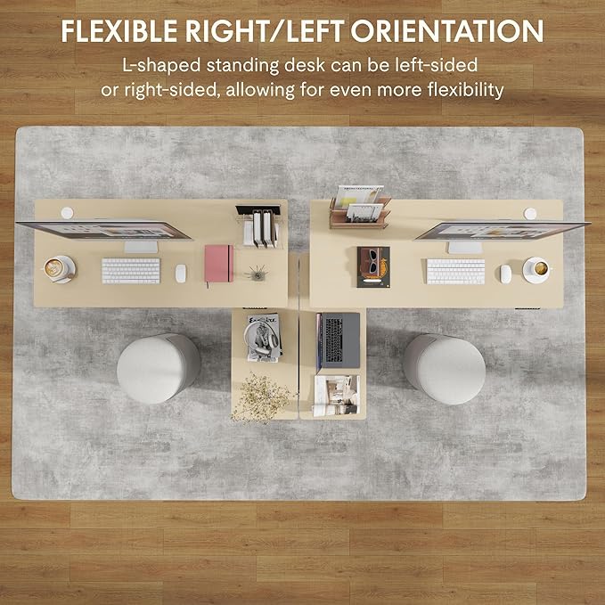 FLEXISPOT 55" L Shaped Standing Desk with Drawers and Shelves, Large Corner Stand Up Desk with Headphone Hooks for Home Office, Light Wood Grain Top+ White Frame