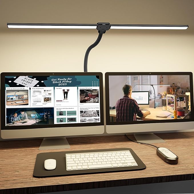 ShineTech LED Desk Lamp for Home Office, 3000K Warm White Double Head Architect Task Lamps with Clamp, Dimmable Adjustable Flexible, Black