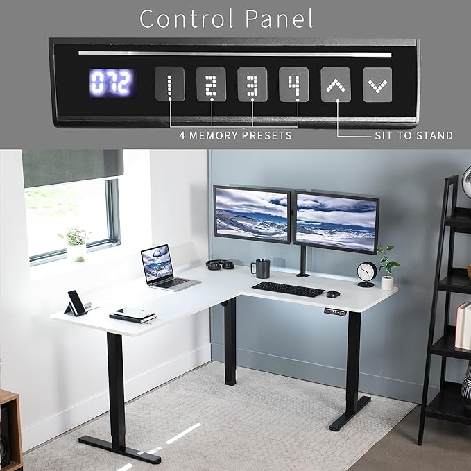 VIVO Electric Corner 63 x 55 inch L-Shaped Standing Desk, Memory Height Adjustment, White Top Black Frame, DESK-E3CTBW