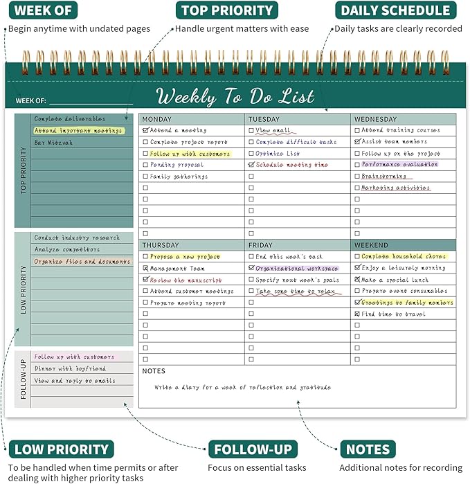 ALKALO 104 Pgs Weekly To Do List Notepad, 52 Duplex-Printed Undated Sheets 100 GSM（8.5"×11") Weekly Desk Planner For Work Home School Office Desk Accessories Supplies & Goal Setting Tasks - Green