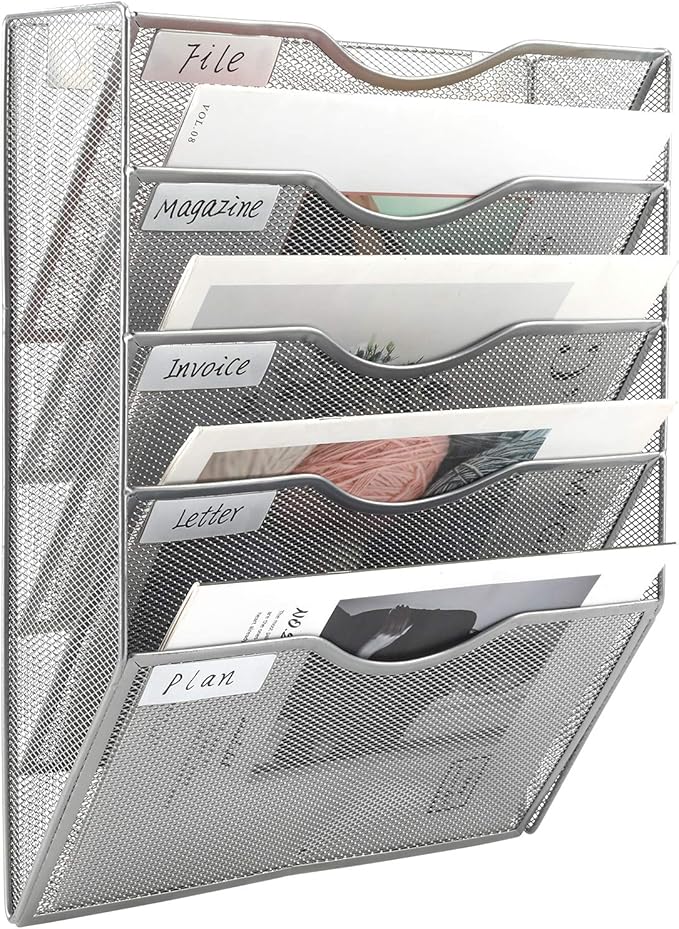 EasyPAG Hanging Wall File Organizer, 5 Pocket Wall Mounted Mail Organizer, Vertical Document Folder Holder with Nametag Label, Space Saving Paper Storage Magazine Rack for Office Home School, Silver
