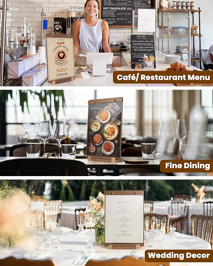 EliteSign 1PK Acrylic Sign Holder 8.5 x 11 with Walnut Wood Base, Clear Plastic Commercial Display Stand for Menu, Poster, Flyer, Table Paper Frame for Restaurant, Office, Store, Bar, Wedding