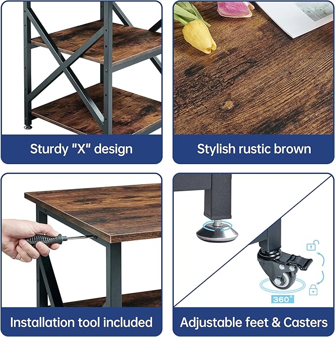 Fannova 23.6 x 23.6 Inches Large Printer Stand, 3 Tier Square Printer Table with Height Adjustable Storage Shelf, Rolling Printer Cart with Industrial Wheels for Home Office - Rustic Brown