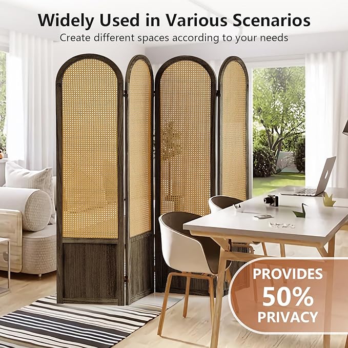 Asnefeli 4 Panel Room Divider Wall, Folding Privacy Screen, Foldable Wood Divider Room Dec, Rattan Room Divider, Portable Partition Screen, Wall Divider for Room Separation Home Office (Brown)