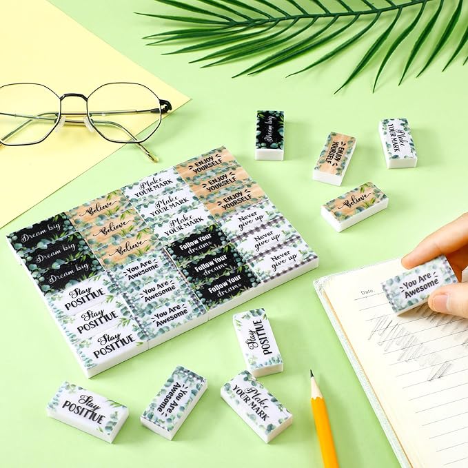 Dunzoom 100 Pcs Inspirational Pencil Erasers Bulk for Kids Fun Motivational Eraser School Supplies Back to School Office Supplies for Classroom Office Teacher Artists (Eucalyptus Leaf)