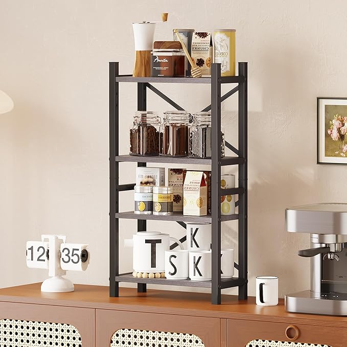 Homeiju Desktop Bookshelf, 4-Tier Stackable Narrow Desk Bookcase, Adjustable Industrial Desk Organizer Display Shelf, Wood Desktop Book Organizer for Living Room, Bedroom and Home Office(Grey)