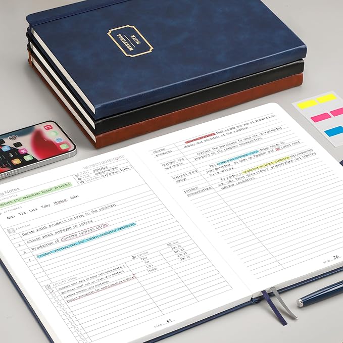 EMSHOI Meeting Notebook for Work with Sticky Tabs - 240 Pages, A4 Size Project Planner, PU Leather Meeting Agenda/Minutes Organizer for Women Men, Note Taking, Office & Business, 8.3"x11.7", Coffee
