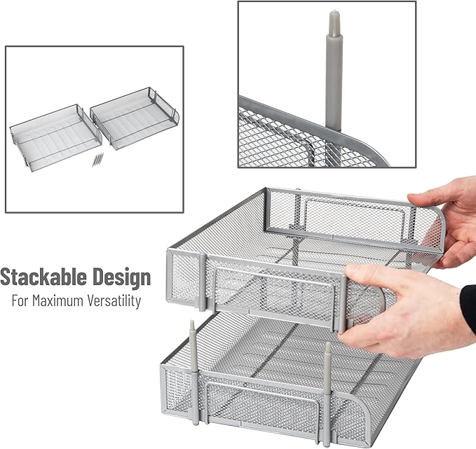 Mind Reader Stackable Paper Tray, Desktop Organizer, File Storage, Office, Metal Mesh, 13.5" L x 10" W x 7.25" H, 2 Pcs., Silver