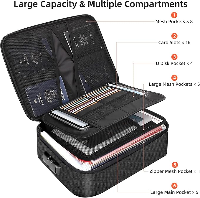 Fireproof Document Box for file organizer,Fireproof Bag for Important Document Organizer with Combination Lock,Portable Home Travel Safe Storage for Important Documents,Passports