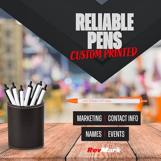 RevMark Personalized Ballpoint Pen, Custom Printed Name, Business or Event Information, Timeless Advertising, USA Made Pens, Promotional Marketing, Smooth Black Ink, Bulk Pack (Orange,50 Ct.)