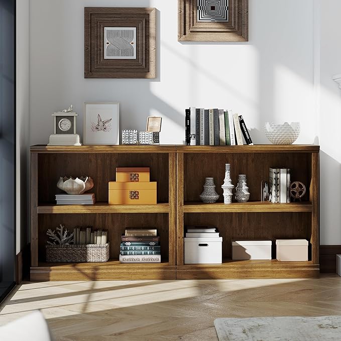 Bevfint Bookcase, 2 Tiers S Bookshelf Open Storage Organization, Floor Standing Indoor Furniture Book Case for Library Office Living Room Bedroom, Vintage Oak - 2 Tier