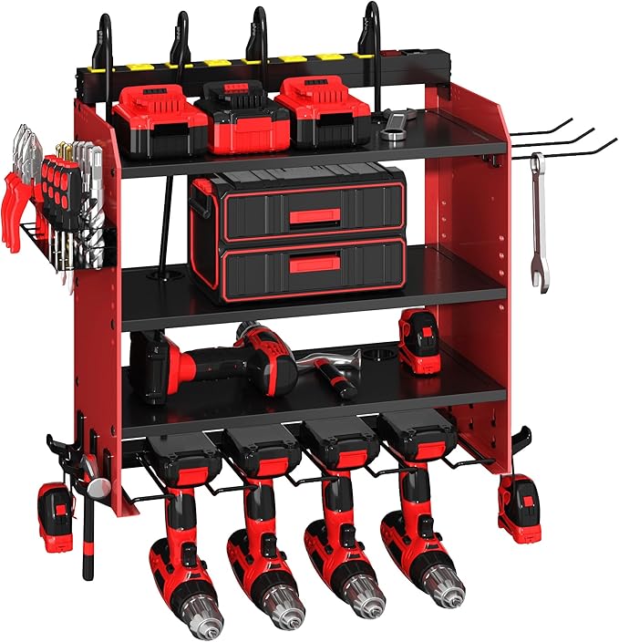 CFMASTER Power Tool Organizer Wall Mount with Charging Station - Heavy-Duty Cordless Drill Holder,Adjustable Tool Storage Rack for Garage,Workshop,Wall-Mounted Tool Organizer Gifts for Fathers Day