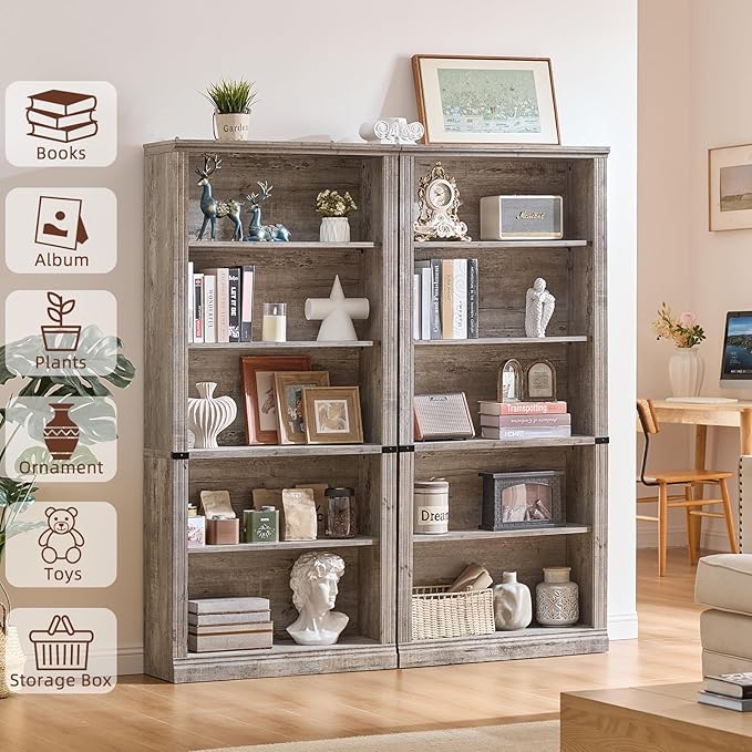 RWYHG 70" Grey Tall Bookshelf Set of 4,5-Tier Thick Wooden Book Shelf with Adjustable Shelves,Free Standing Farmhouse Bookcase with Open Display Storage,Floor Vintage Bookshelves for Living Room