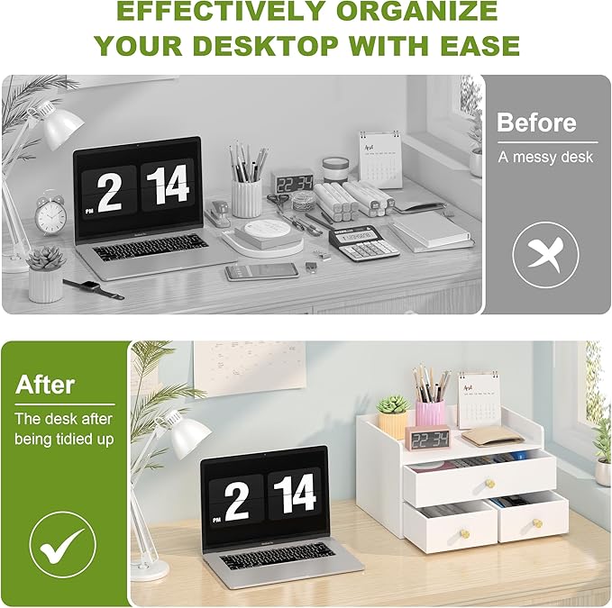 Bamboo Desk Organizer with Drawers Wooden Desktop Storage Drawers for Bills Office Supplies Kitchen Utensils Organizing Tool for Home Classroom Organization No Assembly (3 Drawers, White)