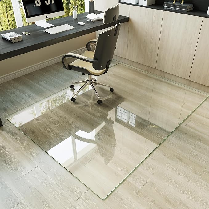 Koonmi Tempered Glass Chair Mat for Hardwood Floors & Carpets, 60" x 80“ Transparent Heavy Duty Office Floor Protector with Noise-Free Gliding Shatterproof for Home Office Desk
