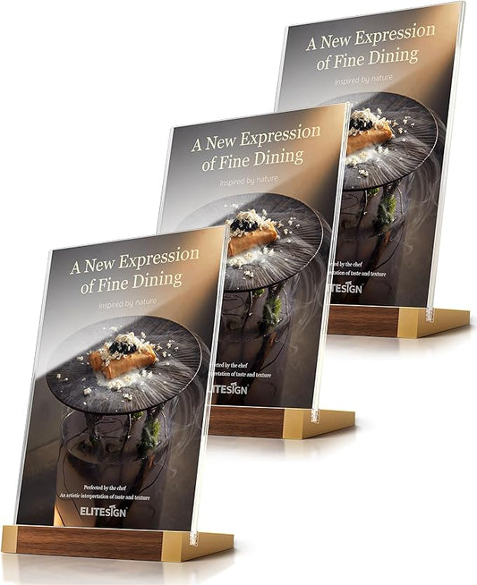 3 Pack Acrylic Sign Holder 8.5 x 11 Inch with Walnut Wood Base, Clear Tabletop Acrylic Display for Menu & Flyer Holder, Commercial Paper Stand for Restaurant, Office, Coffee, Bar, Wedding, Hotel