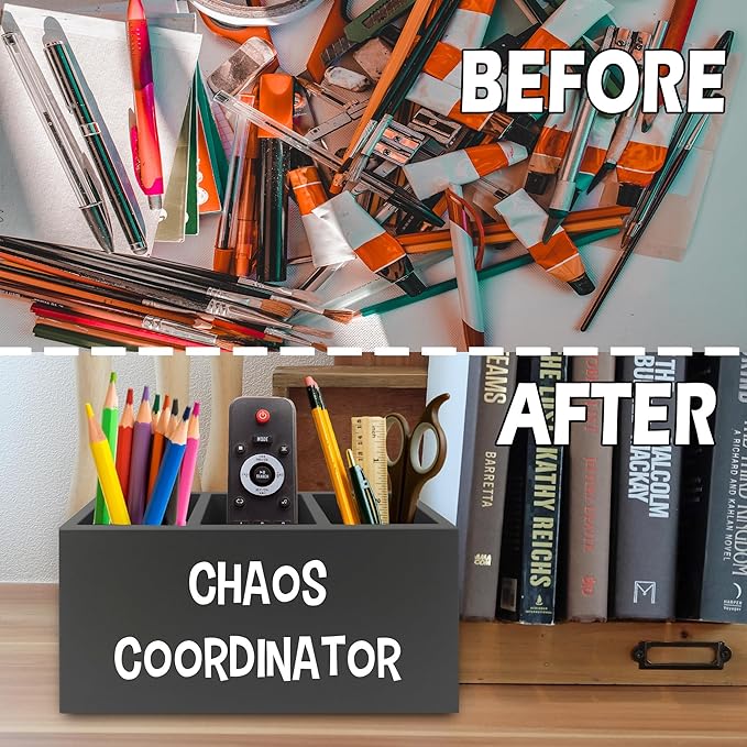 XPH Chaos Coordinator Black Pen Pencil Holder Organizer for Desk, Thank You Gifts for Women Men Coworkers Boss Leader Manager, Appreciation Gifts Wooden Box Sign for Office Tabletop Decorations