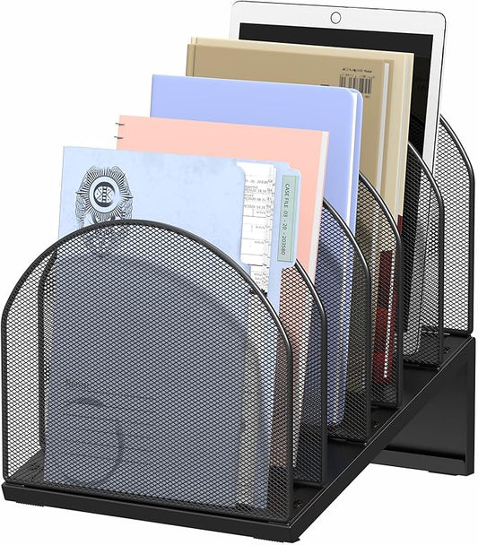 OUTIOE 5-Section Desk File Organizer, Metal Mesh Folder Organizer for Documents, Mail & Office Papers (Black)