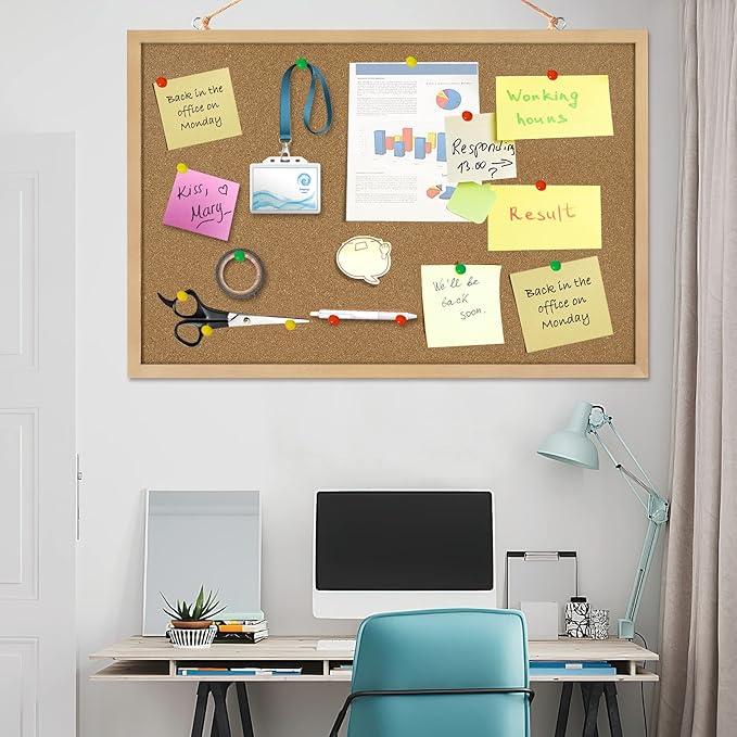 Cork Board Bulletin Board 23 x 15.7Inches with Rectangle Wooden Frame Hanging Pin for Walls Office Message Board or Vision Board Decoration