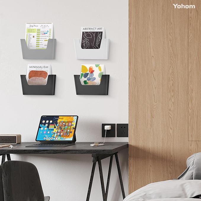 YOHOM No Drilling File Holder Wall Mails Magazines Organizer Adhesive Door Mount, Single Pocket, (White 1) (BLACK, 5 PCS)