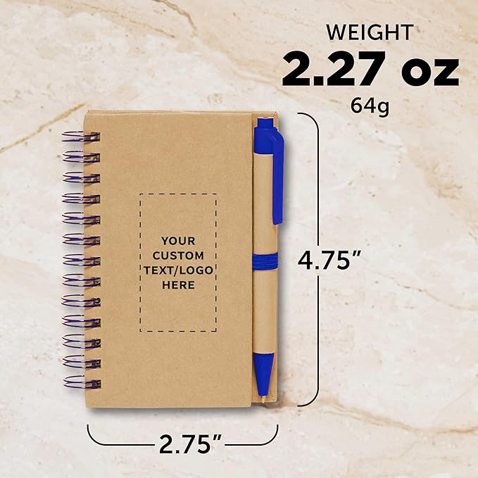 Custom Mini Spiral Notebooks with Black Ink Pens Set of 10/50/100, Personalized Bulk Pack - Perfect for School, Office, Business, Home - Blue