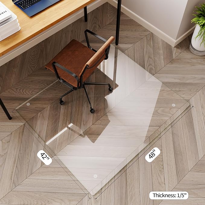 Koonmi Tempered Glass Chair Mat for Hardwood Floors & Carpets, 42" x 48“ Transparent Heavy Duty Office Floor Protector with Noise-Free Gliding Shatterproof for Home Office Desk