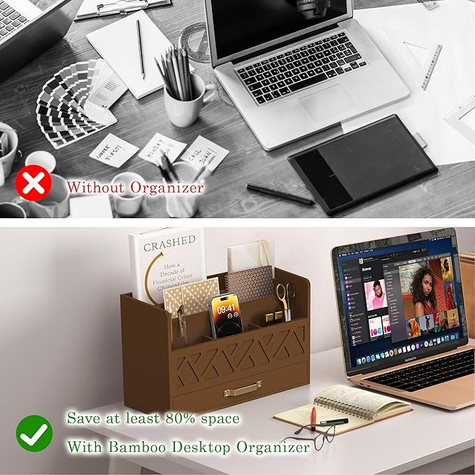 WISUCART Bamboo Mail Organizer Countertop Wood Desk Organizer Drawer Tabletop Storage Box Letter Sorter Makeup Organizer for School Home Office Supplies Brown