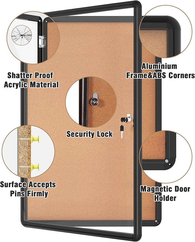 Mifuro 36"x24" Enclosed Bulletin Board, Lockable Weather-Resistant Aluminum Cork Noticeboard for School & Office, Black Frame w/Cork