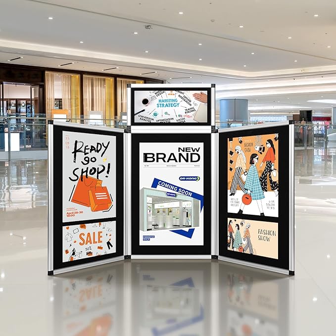 Nisorpa 3+1 Panel Folding Trade Show Presentation Board 70.8“ x 35.4” Trifold Desktop Display Board with Carry Bag Large Metal Frame Tabletop Display 4 Panels-Black