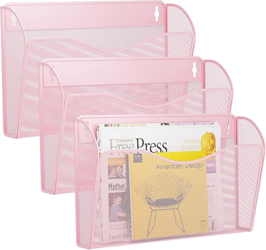 GDINDINFAN 3 Single Pocket Wall File Holder, Mesh Hanging File Folder Paper Organizer, Vertical Wall Mounted Mail Basket, Storage Organization Magazine Rack for Office, Home and School, Pink