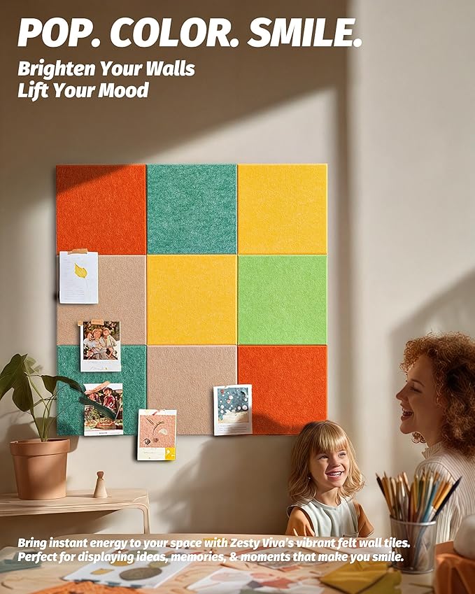 Felt Wall Tiles Bulletin Boards, Colorful Square Modular Design, Removable Cork Board Alternative for Wall, Felt Display Panels for Home, Office, Playroom 11.8”x11.8”, 9 Pack (Zesty Viva)