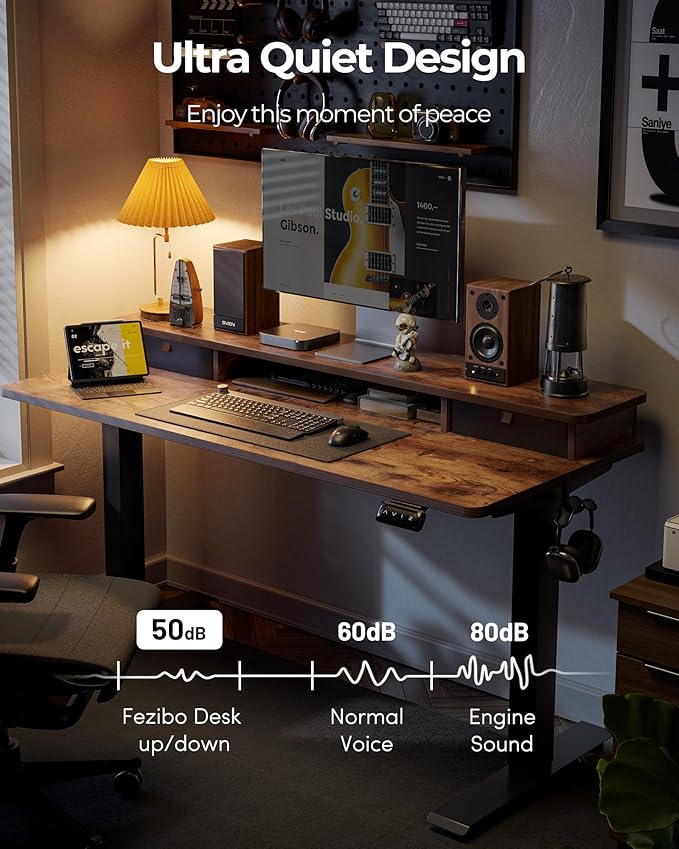 FEZIBO 55'' x 24'' Height Adjustable Electric Standing Desk with Double Drawer, Computer Workstation, Home Office Stand Up Table with 4 Height-Adjustable Feets & 2 Hooks, Vintage Brown