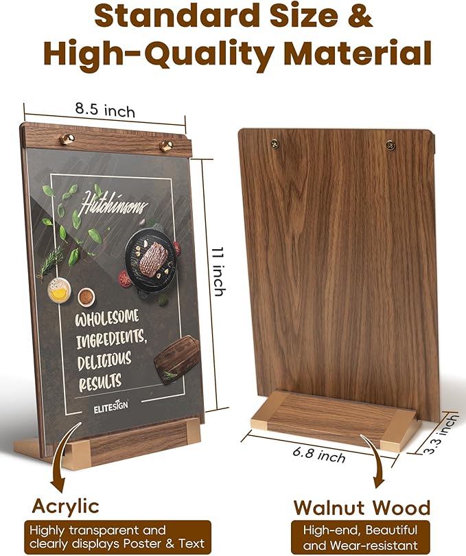 EliteSign 1PK Acrylic Sign Holder 8.5 x 11 with Walnut Wood Base, Clear Plastic Commercial Display Stand for Menu, Poster, Flyer, Table Paper Frame for Restaurant, Office, Store, Bar, Wedding