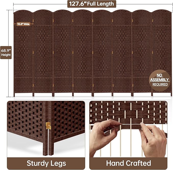 DURASPACE 8 Panel Room Divider, 6ft Tall Folding Privacy Screen, 360°Rotation, Hand-Woven Freestanding Wood Partition for Room Separation