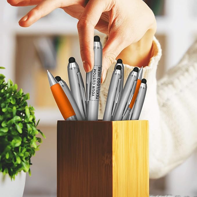 DISCOUNT PROMOS Custom Stylus Ballpoint Pens Set of 100, Personalized Bulk Pack - Black Ink, Great for Office, School, Business, Tradeshows, Events - Orange
