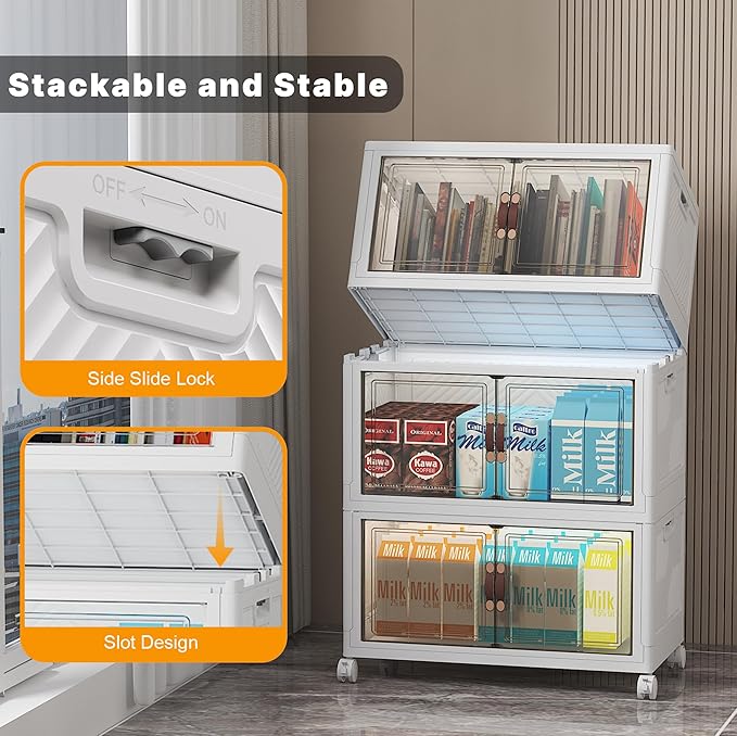 UAMFURI Extra Large Stackable Storage Bins with Lids & Wheels & Door, 156QT-52QT/13GAL*3Pack Foldable Collapsible Closet Organizers, Plastic containers drawers for bedroom Dorm