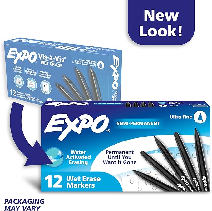 EXPO Visa Vis Wet Erase Markers Fine Point Black 12-Pack Ideal for Classroom and Homeschool Use