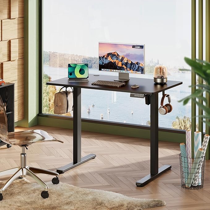 DEVAISE 48 x 24 Inches Standing Desk, Whole-Piece Desktop Electric Standing Desk with Adjustable Height,Cable Holes, 3-Preset Memory Sit Stand up Desk, One-Piece Computer Desk for Home, Office (Black)